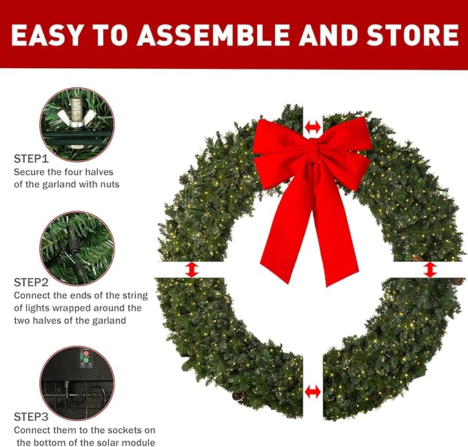 Solar Extra Large Christmas Wreath72Inch Pre-Lit Solar 600 Led Warm White Lights Holiday Artificial Decor Lighted Wreath Outdoor Store Business Garage Green Christmas Decorations (7201)