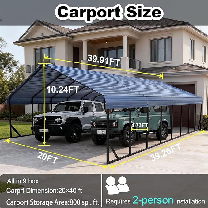 20x40 ft Metal Carport for Outdoor Garages Steel Heavy Duty Portable Garage with Large Tall Carports Canopy for Snow, Car Ports with Galvanized Steel Roof & Frame - Grey