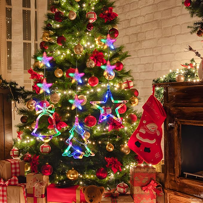 3Pcs Christmas Window Lights Decorations with Timer, Battery Powered Christmas Window Hanging Multicolor String Lighted Tree Bell Star Shaped LED Sucker for Xmas Window Fireplace Indoor Decor