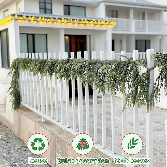 9 FT Christmas Norfolk Pine Garlands, Artificial Real Touch Winter Pine Garland, Green Realistic Greenery Garland for Holiday, Window, Fireplace, Mantle, Indoor Outdoor, Christmas Decor (1 Pcs)