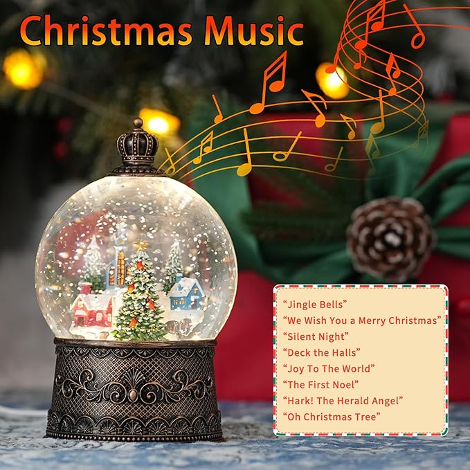 Snow Globe with Christmas Tree & Village, Light Up Christmas Snow Globes with Music Timer - USB Plug or Battery Operated Glitter Globe Indoor Christmas Decorations