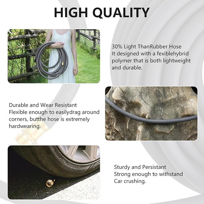 Garden Hose 5/8 x 10ft Brass Rubber Heavy Duty Water Hose 600 PSI Burst Pressure, Durable Flexible Hose for Yard, Car Wash, Pets Gray