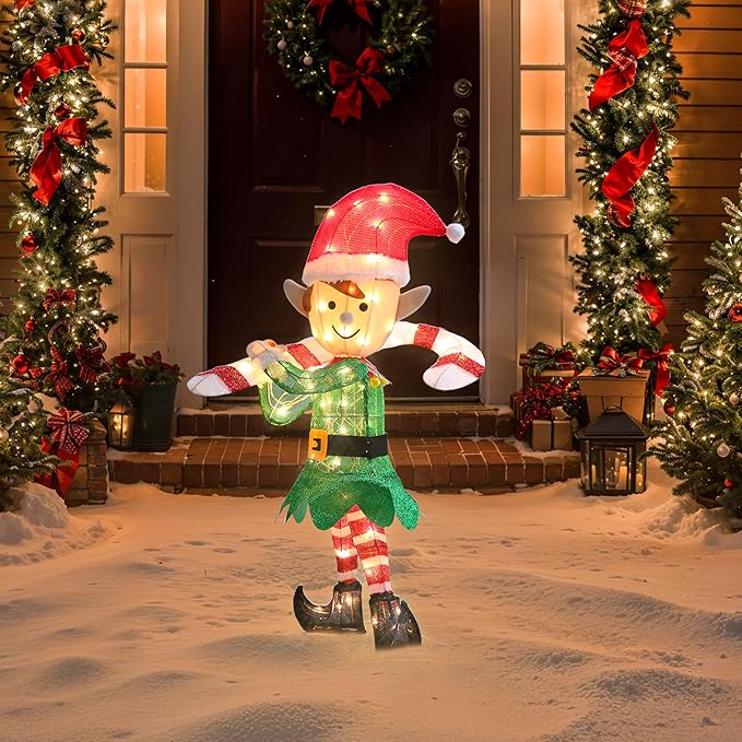 GENIMO 3D Elf Outdoor Christmas Decorations, 70 Lights Pre-Lit Elf with Candy Cane for Holiday Decor Xmas Outside Indoor Home Lawn Yard Garden Patio Stakes Zip Ties(38 in)
