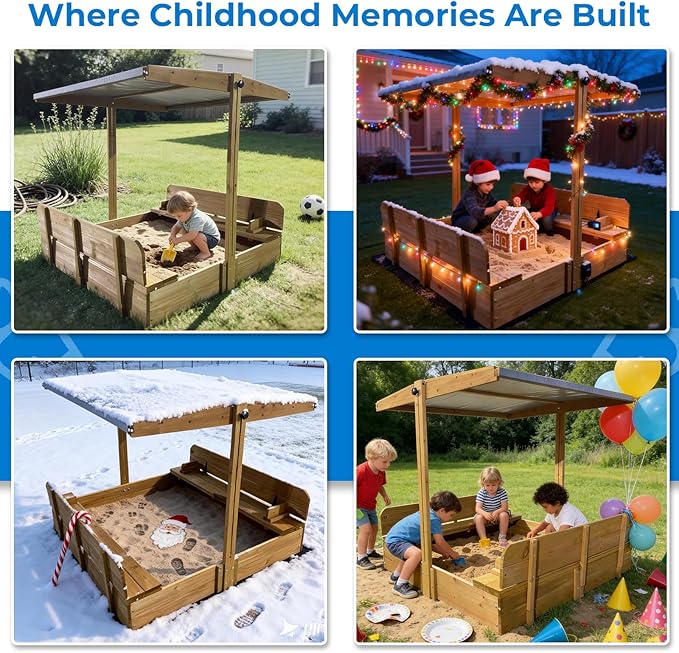 Large Wooden Kids Sandbox with Lid, Outdoor Weatherproof Sand Box with Covers, 2 Foldable Benches, Adjustable Height Canopy, Gift for Kids Aged 2-8 (47x47in)