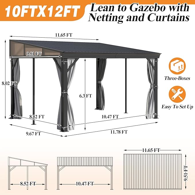GARTOO 10' x 12' Lean to Hardtop Gazebo for Patio - Aluminum Frame Gazebos Pergola with Sloping Metal Roof, Outdoor Wall-Mounted Canopy Awnings to House for Patio, Garden, Lawn, Backyard Deck