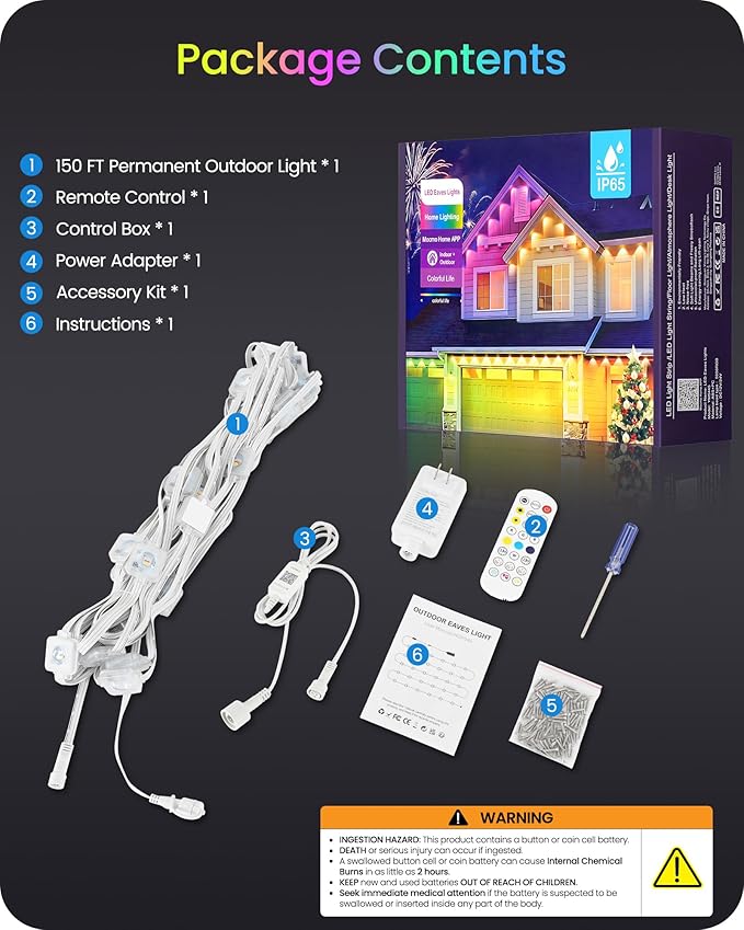 Permanent Outdoor Lights, 150 FT RGB & White Eaves Light with 72 LED Lights, App/Remote Control, IP65 Waterproof Christmas String Lights for Daily, Festival, Party, Holiday Decor W04EL05