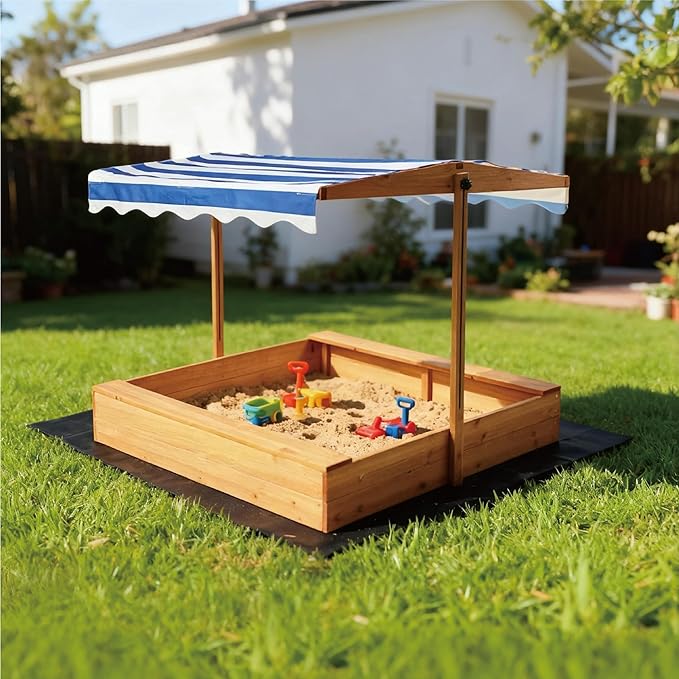 Kids Wooden Sandbox with Adjustable Canopy & Sand Protection Liner ? Large Outdoor Sandpit for Ages 3-8, Backyard/Garden Play Shelter