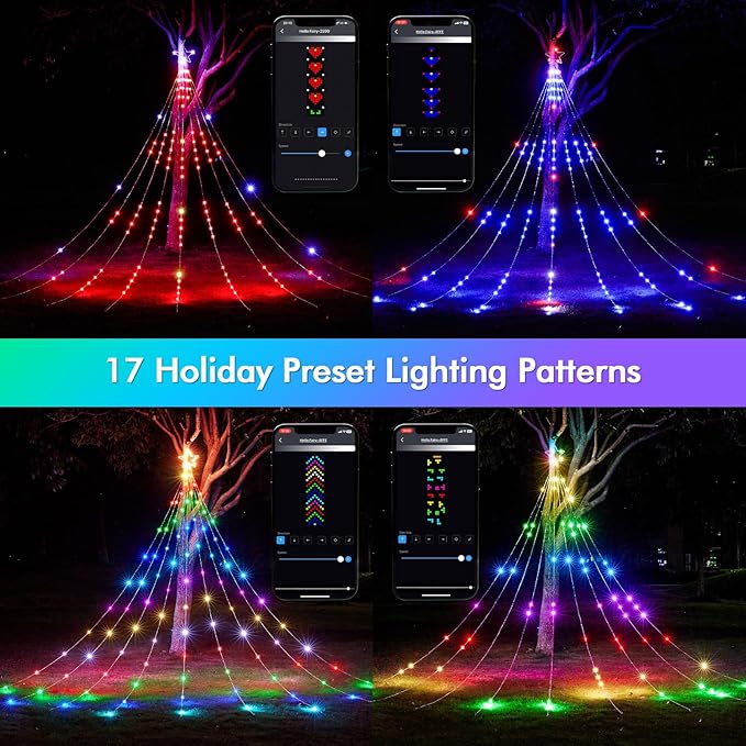 Outdoor Christmas Decorations, 16.4FT Smart RGB Color Changing Christmas Hanging Waterfall String Lights, APP Remote Control, DIY Multi-Color Lightshow, Music Sync, Outside Xmas Lights Decor