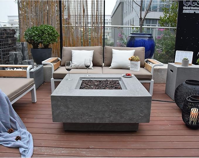 Elementi Manhattan Concrete Fire Pit 36 x 36 Outdoor Patio Firepit Includes Lava Rocks Modern Fire Pits & Outdoor Fireplaces for Garden, Deck, Indoor & Outdoor Heating