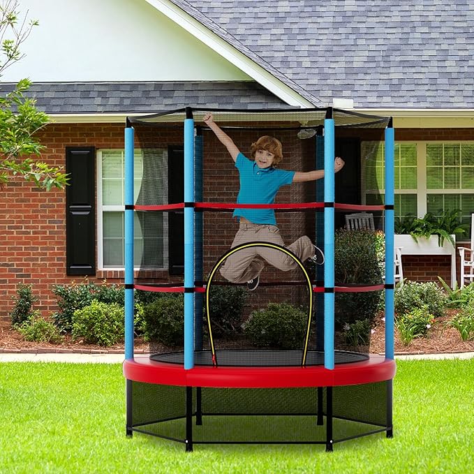 Goplus 55¡± Trampoline for Kids, ASTM Approved Toddler Trampoline w/Enclosure Safety Net, Bouncy Jumping Mat, Seamless Design, Indoor Outdoor Mini Recreational Rebounder for Boys Girls
