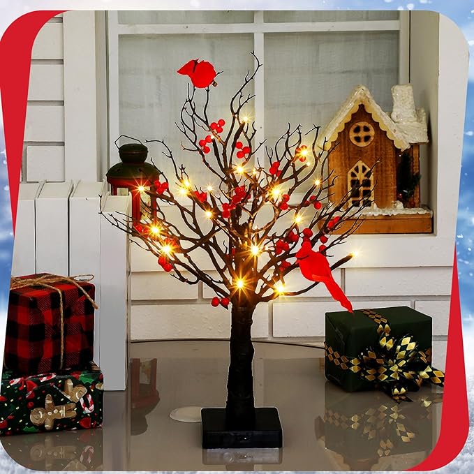 Realspring 2 Pcs Vintage Glowing Tree with Cardinals Lighted Mini Birch Tree 24 LED Cardinal Little Red Bird Table Decoration for Tabletop Centerpiece Xmas Indoor Home Decor, Operated by Battery