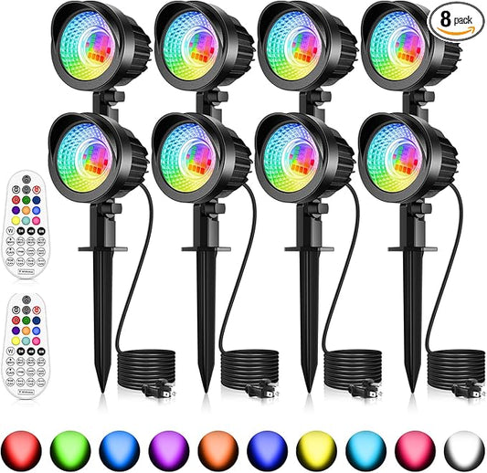 MEIKEE 15W RGB Landscape Spot Lights Outdoor, RGBW Color Changing Landscape Lighting with Remote Control, IP66 Pathway Lights for Christmas Halloween Party Festival Decoration (8 Pack)