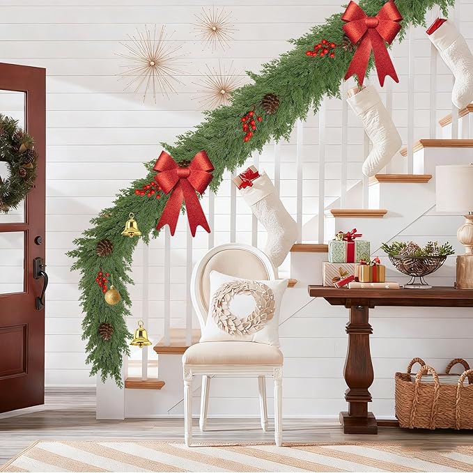 6FT Artificial Cedar Christmas Garland for Mantle Christmas Decorations Real Touch Realistic Greenery Faux Pine Garlands for Xmas Home Decoration Fake Winter Indoor Outdoor Garland Door Decor