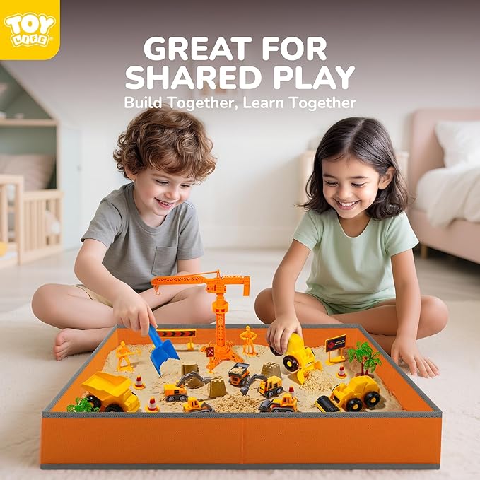 TOY Life 38 Pcs Sand Construction Kit with Big Foldable Sandbox with 2.2Ibs Magic Sand, Trucks, Castle Molds & Beach-Side Mat ? Indoor Sandbox Toy Construction Sensory Bins for Toddlers