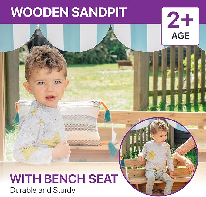 Plum? Kids Outdoor Wooden Sandbox with Lid - Toddler Sensory Toys, Outdoor Sand Box for Kids with Bench Seat, Adjustable Canopy & Bottom Liner, UV-Protection, Weatherproof, Easy Assembly, Ages 3+ Yrs