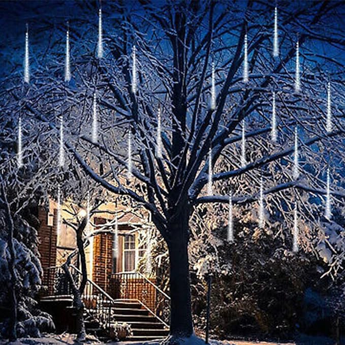 LJLNION Meteor Shower Icicle Lights, 12 Inch Outdoor Snow Falling Raindrop Lights, 8 Tubes 288 LED Xmas Wedding Party Tree Holiday Decor, White