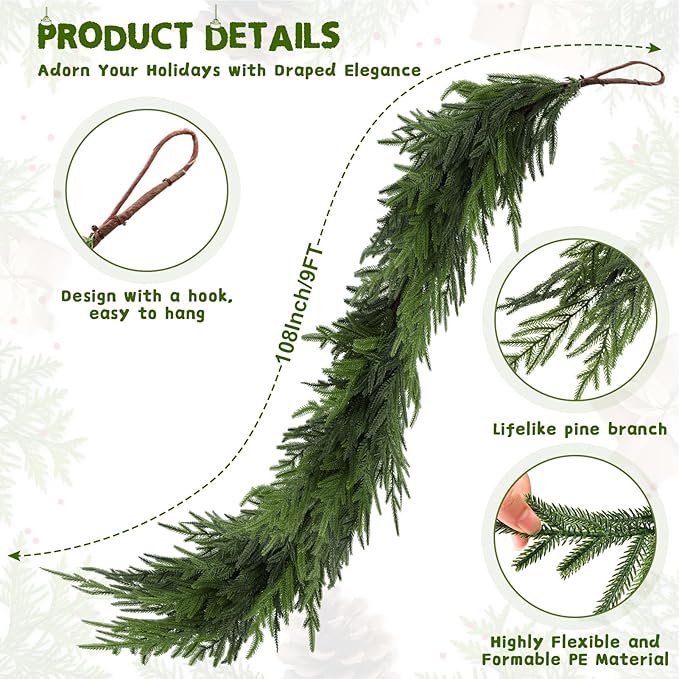 9FT Artificial Norfolk Pine Garland, Realistic Real Touch Christmas Garland, Faux Fake Greenery Garlands for Table, Mantle, Window, Stairs, Fireplace, Outdoor Indoor Christmas Decorations(1Pcs)
