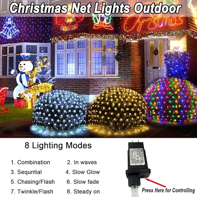Lovelite 610 LED Christmas Net Lights, 34.5ft x 5ft Mesh Lights Outdoor Clear Wire 8 Modes, Waterproof Connectable String Lights Plug in for Bushes Xmas Tree Garden Holiday Party Decor - Multicolor
