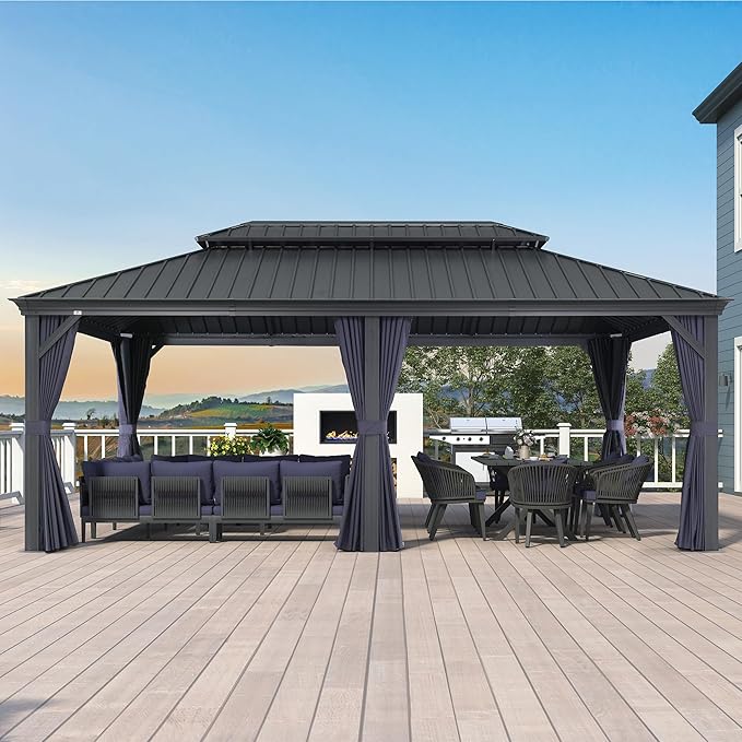 PURPLE LEAF 12' X 20' Hardtop Gazebo Aluminum Gazebo with Galvanized Steel Double Roof for Backyard Patio Lawn and Garden, Curtains and Netting Included, Navy Blue