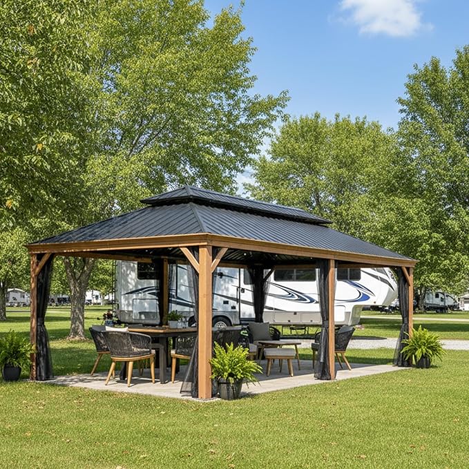 PURPLE LEAF 12' X 24' Outdoor Hardtop Gazebo for Patio Galvanized Steel Double Roof Permanent Canopy Teak Finish Coated Aluminum Frame Pavilion Gazebo with Netting