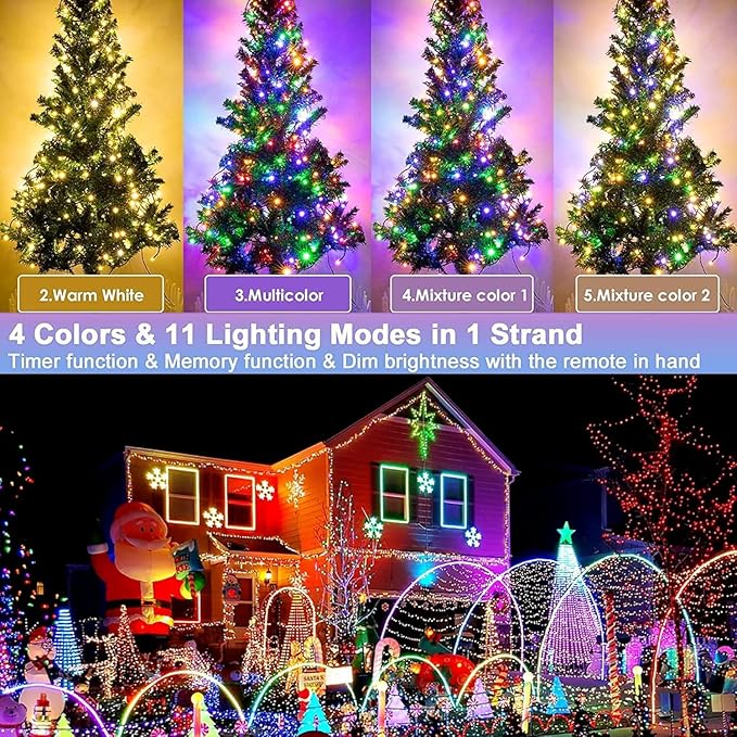 Hezbjiti 108FT 300 LED Color Changing Christmas Lights Outdoor, 11 Modes String Lights IP44 Waterproof Fairy Lights for Party Tree Yard Porch Wedding (Multicolor to Warm White, Clear Wire)