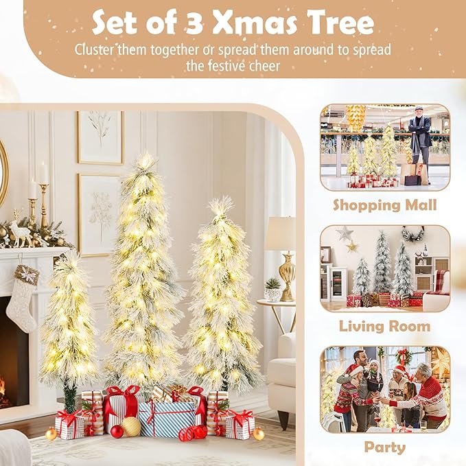 GOFLAME Set of 3 Pre-lit Christmas Tree, Snow Flocked Artificial Xmas Trees 3Ft, 4Ft and 5Ft with Warm White LED Lights, Pine Needles and Metal Base, Holiday Decoration Tree for Home Office Party