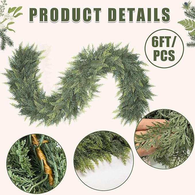 2 Pcs 6FT Christmas Cedar Garland - Thick & Lush Realistic Artificial Green Faux Cedar Pine Needles Garland for Christmas Winter Home Mantel Fireplace Holiday Party Decor
