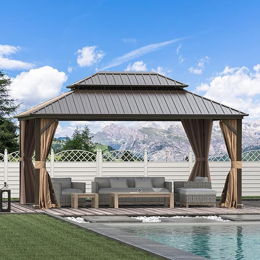 Domi 12'x16' Hardtop Gazebo Canopy Metal,Outdoor Metal Gazebo with Galvanized Steel Double Roof,Curtain and Netting,Permanent Gazebo Pavilion for Patio Deck,Backyard