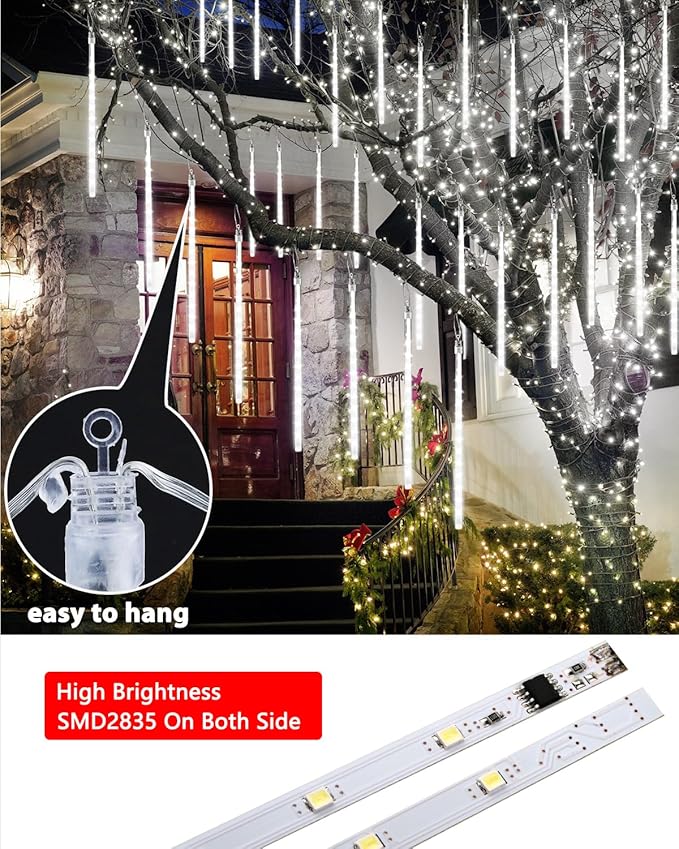 White 10 Tube 240 LED Raindrop Meteor Shower Icicle Lights with Timer Function for Holiday Party Christmas Decorations