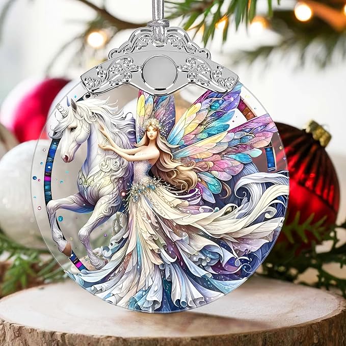 Unicorn and Fairy Stained Glass Christmas Tree Ornaments - Christmas Decoration, 2025 Holiday Decor & Gift Ideas