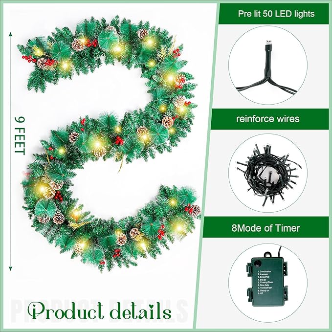 Joyhalo 9ft Christmas Decorations with Lights - Battery Operated Prelit Garland for Mantle, Stairs, Railing, Fireplace