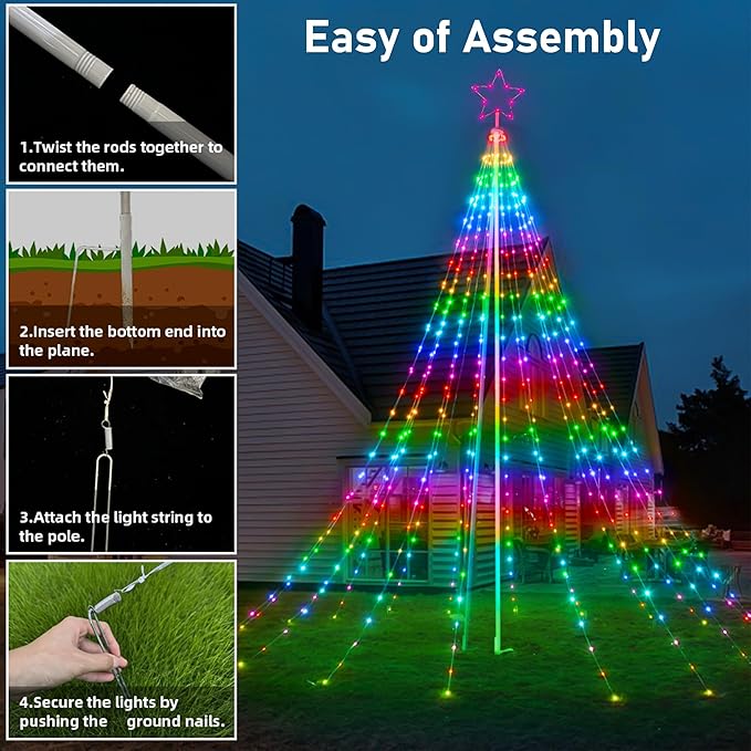 Probro 12FT Outdoor Christmas Tree Lights with Iron Pole, 468 LED RGB Color Changing, APP and Remote Control, IP65 Waterproof, 85+ Lighting Modes for Yard Holiday Xmas Party Outside Decorations