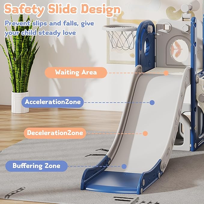 6 in 1 Toddler Slide, Kids Slider for 1-3, Indoor Outdoor Playset Playground with Basketball Hoop, Storage, Climber and Telescope, Great Gift for Baby & Child, Blue and White