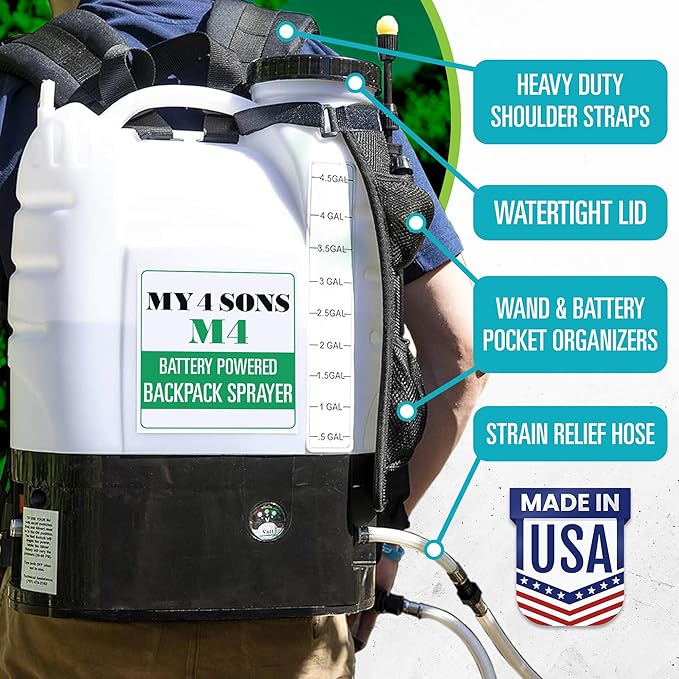 Backpack Sprayer - MY4SONS Silver M4 4-Gallon Cordless Battery Powered with 15ft Hose and Spray Pistol - 80 PSI Pump Liquid Sprayer Backpack - Electric Spray for Lawn, Garden, Ground Cleaning & More