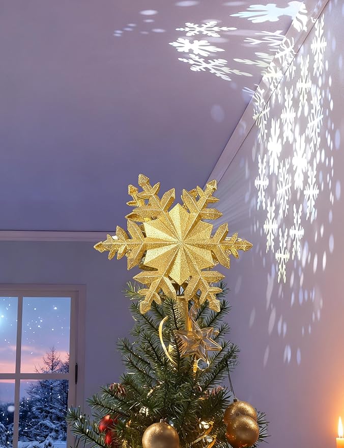 DG-Direct Christmas Tree Topper Lighted with Golden Snowflake Projector, Led Rotating Magic Snowflake, 3D Hollow Glitter Lighted Gold Snow Tree Topper for Christmas Tree Decorations
