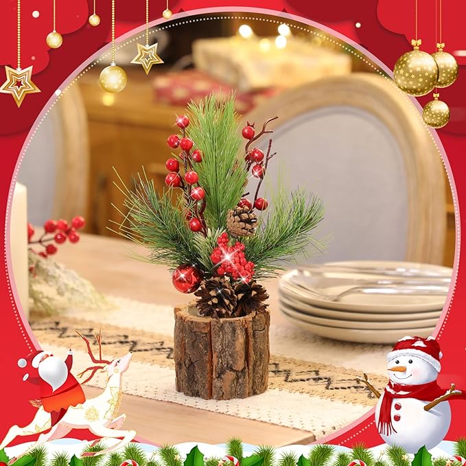 6 Pcs 11 Inch Christmas Tree Tabletop Artificial Mini Christmas Tree Decorations with Holiday Ornaments Pine Cone Berry Farmhouse for Fireplace Home Indoor Decor (Classic)
