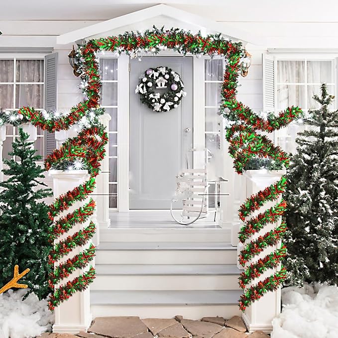 50ft Metallic Tinsel Garland - Christmas Tree Hanging Decorations for Indoor/Outdoor Use (Red, Green, Black)