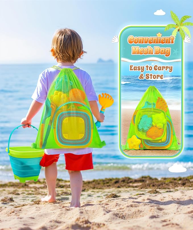 Collapsible Beach Sand Toys for Kids Toddlers, Collapsible Sand Bucket with Sifter Shovels Set with Mesh Bag and Sand Molds, Travel Beach Sandbox Toys for Boys Girls 3 4 5 6 7 8 9 10