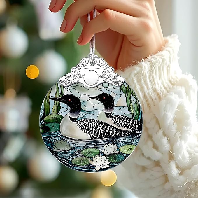Loon Birds Stained Glass Ornament, Christmas Ornaments – Christmas Tree Ornament, Holiday Decor, Xmas Stocking Stuffers, Gift Idea, Gifts for Bird Lover, Coworker, Friend, and Family