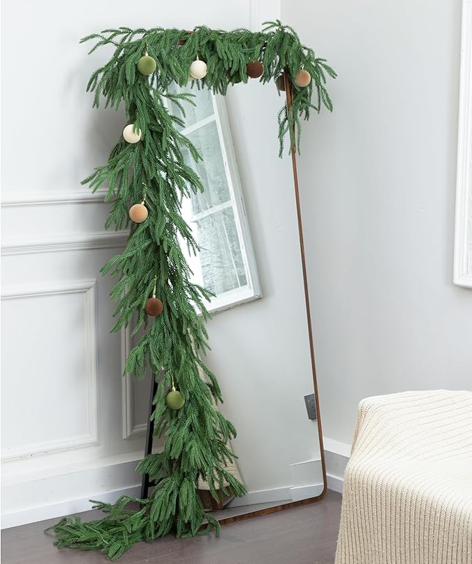9FT Norfolk Pine Garland Realistic - Thick Deluxe Faux Christmas Greenery Garland Artificial Green Winter Pine Garlands for Mantle Staircase Table Indoor Outdoor Xmas Holiday Decoration