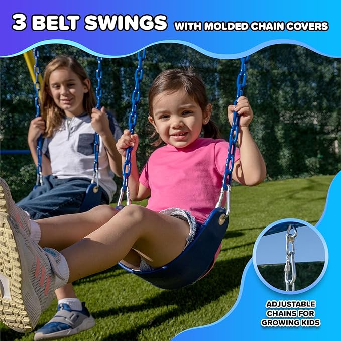 Sportspower Triple Swing & Saucer Backyard Swing Set for Kids, 600LBS, 3 Sling Swings, Saucer Swing, 5 ft Slide, Anchor Kit, Outdoor Playset for Kids Aged 3-8, 17.1' W x 7.6' D x 6.1' H