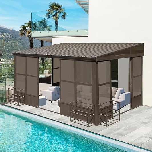 10x14FT Lean to Sunroom Enclosed Gazebo with Gutters,Wall Mounted Sun Room, Solarium with Galvanized Steel Sloping Roof &Detachable PC Screens, 3 Sliding Doors Sun Rooms for Patio, Deck -Brown