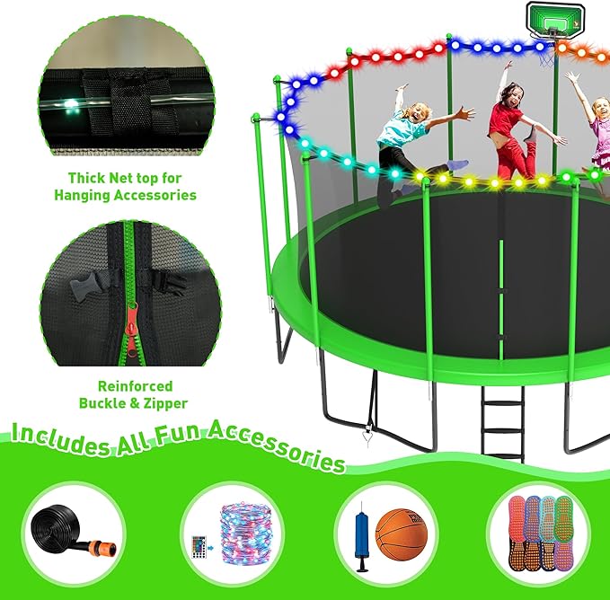 DeepRoar 2026 Upgraded 8FT 10FT 12FT 14FT 15FT 16FT Outdoor Tranpoline for Kids, Big tranpoline with Basketball Hoop, Lights, Sprinkler & Socks, Heavy Duty tranpoline 1500LB, ASTM Approved Tranpoing