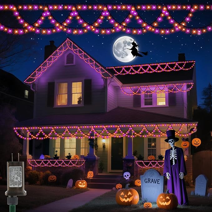 XTF2015 Halloween Lights Outdoor Color Changing 40FT 380 LED Orang Purple Halloween String Lights Extendable 8 Modes, Waterproof Half Round Hallowee n Light for House Roof Eaves Garden Patio