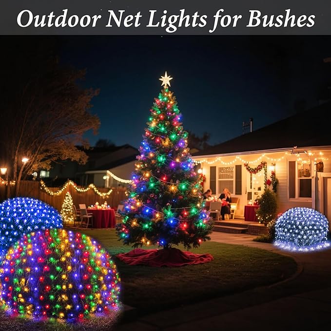 OYCBUZO 300 LED Christmas Net Lights, 14.8ft x 5ft Mesh Lights Outdoor 8 Modes Green Wire, Waterproof Connectable String Lights Plug in for Bushes Xmas Tree Garden Holiday Party Decor - Multicolor