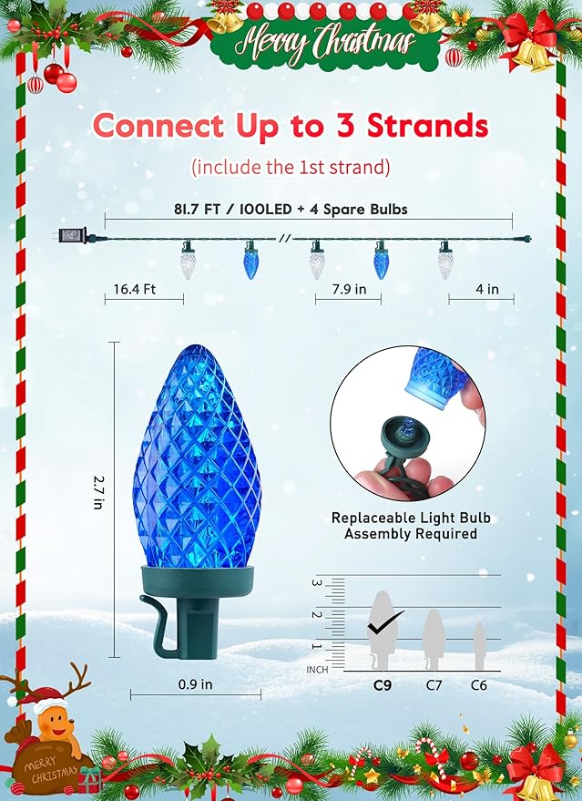 C9 LED Christmas Lights Outdoor, 81 Feet 100 LED String Lights with Timer & 8 Light Mode, Waterproof Connectable Christmas Tree Lights for Outside Indoor Roofline Patio, Blue & Pure White 2 Pack