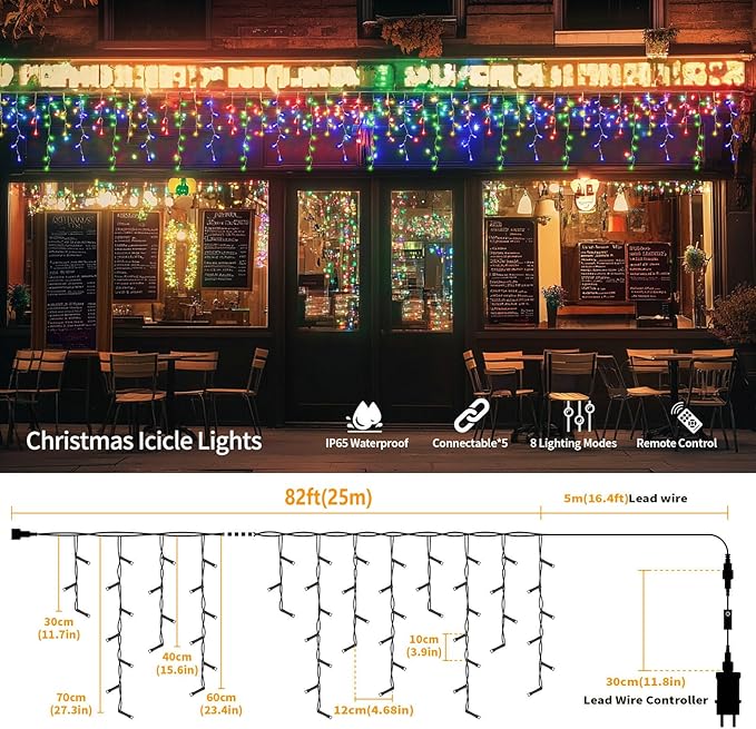 Icicle Lights for Outside, 82ft 880 LED Icicle Christmas Lights Outdoor Waterproof, 176 Drops with Remote, 8 Modes for Holiday Decorations - Christmas, Wedding, Party, Garden, House, Multi-Color