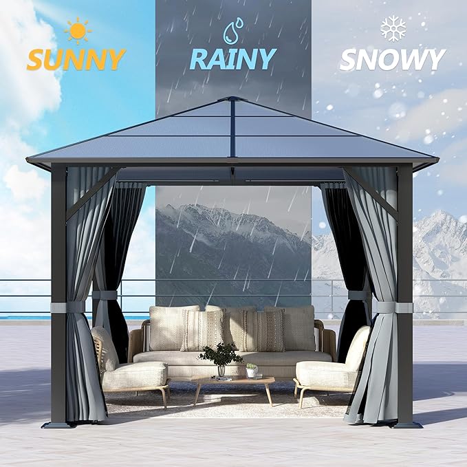GARTOO 10’x10’ Patio Hardtop Gazebo with Polycarbonate Roof, Waterproof Outdoor Canopy Gazebo, Steel Frame Permanent Pavilion with Curtains and Netting, Perfect for Backyard, Patio, Lawn, Garden