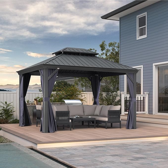 PURPLE LEAF 10' X 12' Hardtop Gazebo Aluminum Gazebo with Galvanized Steel Double Roof for Backyard Patio Lawn and Garden, Curtains and Netting Included, Navy Blue
