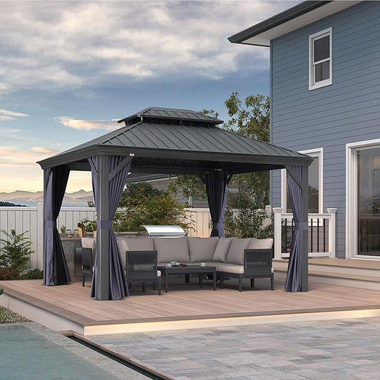 PURPLE LEAF 10' X 12' Hardtop Gazebo Aluminum Gazebo with Galvanized Steel Double Roof for Backyard Patio Lawn and Garden, Curtains and Netting Included, Navy Blue